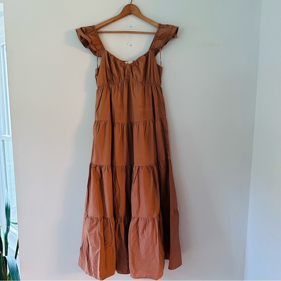 Skies are Blue Diana Poplin Tiered Ruffle Maxi Dress Tuscan Tan Size Medium - Picture 2 of 14